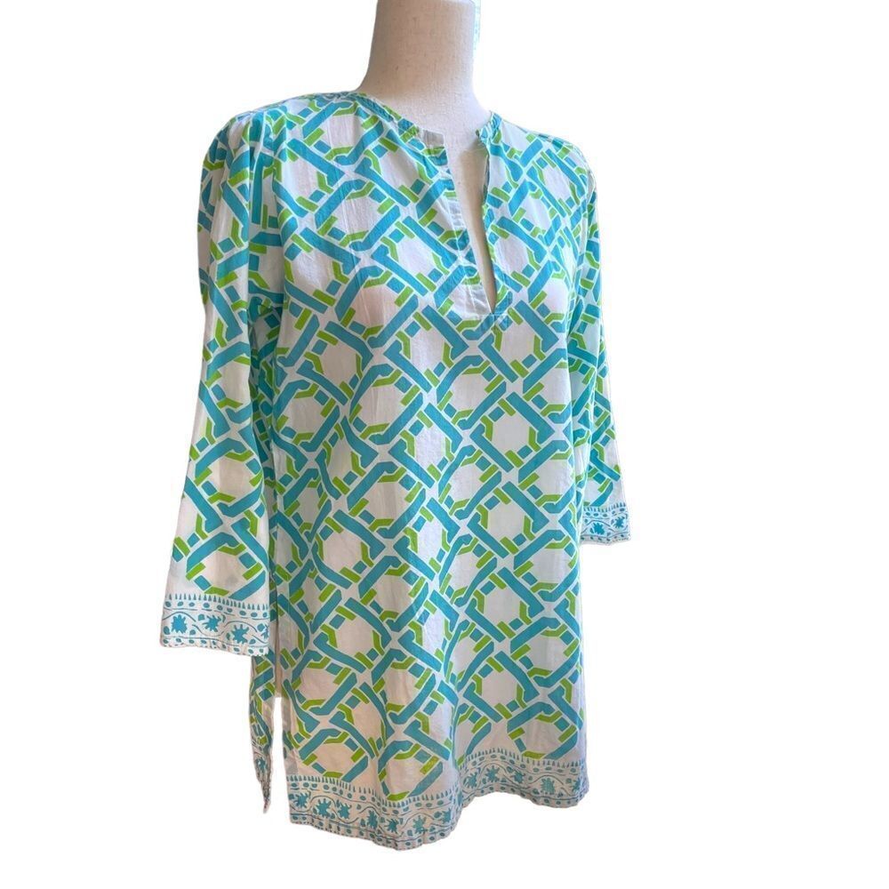 Barbara Gerwit Geometric Tunic Top Shirt Blouse Floral Trim 100% Cotton Small